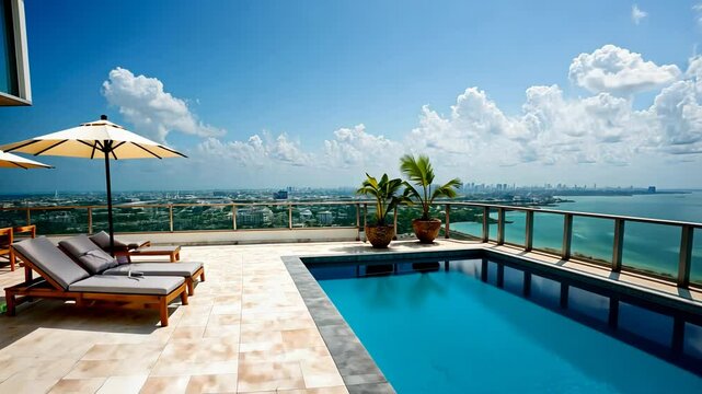 Impressive penthouse terrace with a swimming pool overlooking the sea