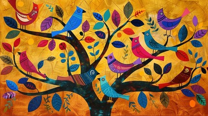 Fototapeta premium Textured Background: Brightly Colored Traditional Gond Folk Art of Birds in a Tree from India