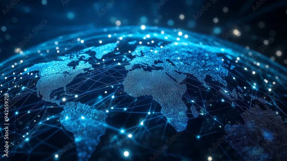 Poster global network concept with a blue glowing world map and digital connections