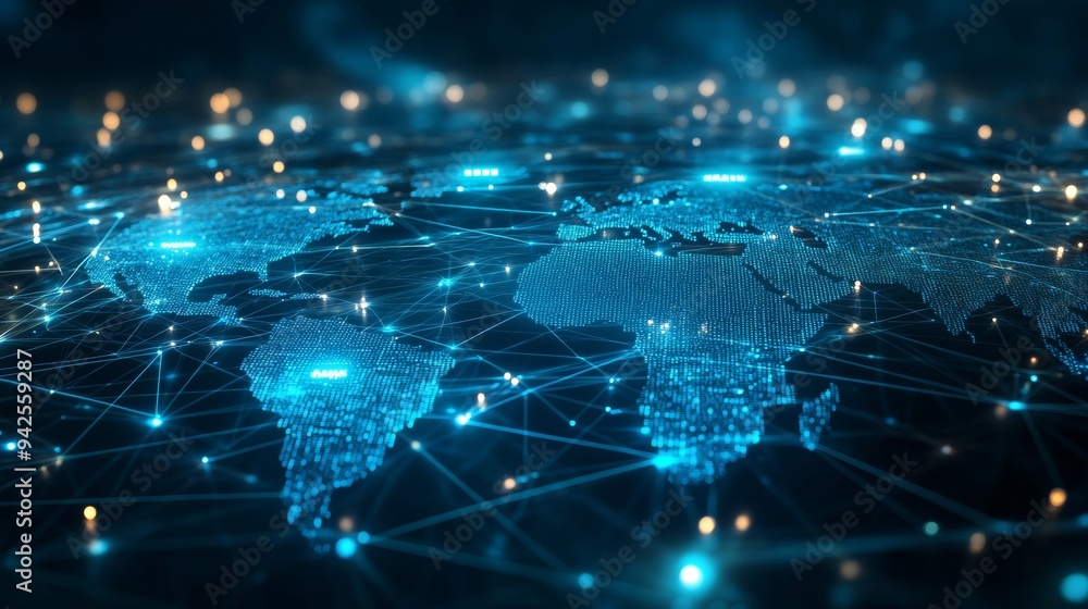 Poster global network concept with a blue glowing world map and digital connections