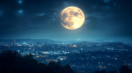 Full moon over a city skyline at night.