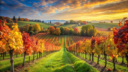 Naklejka premium Tranquil vineyard in the countryside with vibrant autumn foliage