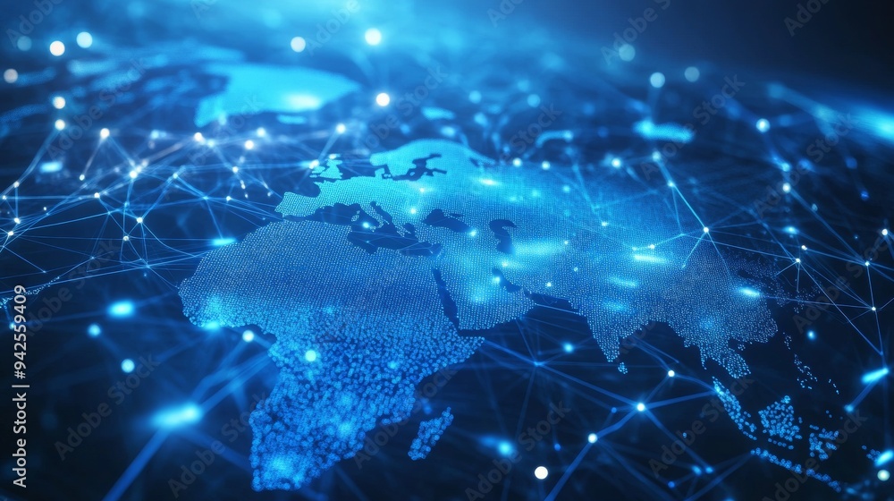 Poster global network concept with a blue glowing world map and digital connections
