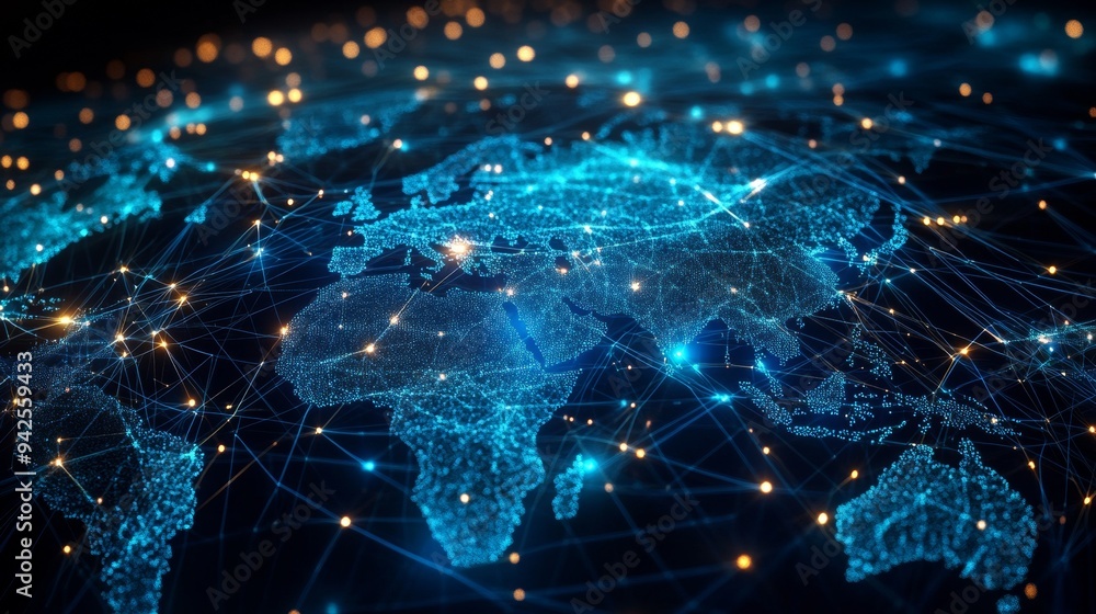 Poster global network concept with a blue glowing world map and digital connections
