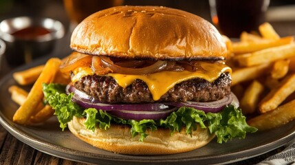 A juicy Wagyu burger with melted cheese, caramelized onions, and lettuce on a toasted bun, accompanied by fries.