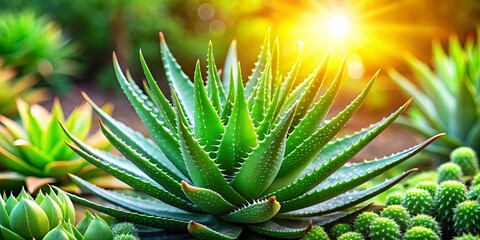 Fototapeta premium Vibrant garden scene with thriving aloe vera plant, featuring succulent green leaves and healthy growth