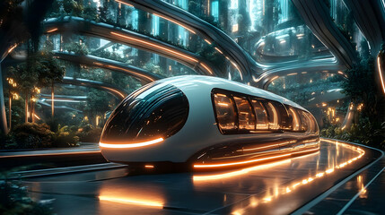 Futuristic train traveling through a glowing tunnel with trees.