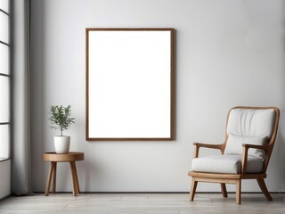 Empty Frame with Wooden Chair and Side Table in a Minimalist Room