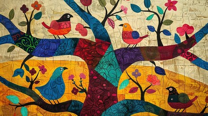 Textured Background: Brightly Colored Traditional Gond Folk Art of Birds in a Tree from India