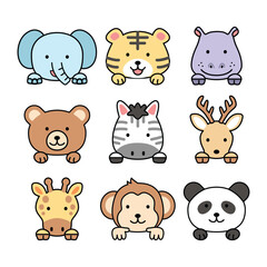 Icon sheet collection symbol set zoo wild animals icon cute characters illustration outline kiddy happy cheerful kawaii japanese style decorative elements