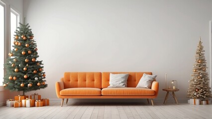 Obraz premium Minimalist Christmas Living Room with Orange Sofa and Two Christmas Trees