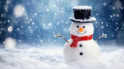 Obraz premium Cheerful snowman with a carrot nose and a classic top hat, standing proudly in a serene winter wonderland.snowman, winter, holiday, Christmas,Wallpapers, AI generated backgrounds, posters