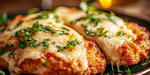 A close up of chicken milanesa, with melted cheese and fresh herbs on top, generative AI