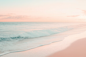 A serene beach scene with gentle waves lapping at shore, reflecting soft pastel colors of sky. tranquil atmosphere evokes sense of calm and relaxation.