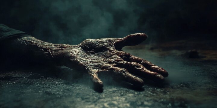 a creepy severed hand prop with realistic detailing, lying on a dark table with eerie fog swirling around it, set in a dimly lit room
