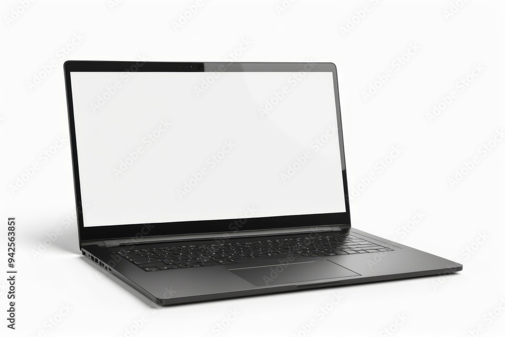 Poster a laptop with a blank screen on a white background, showcasing a silver and black portable device wi