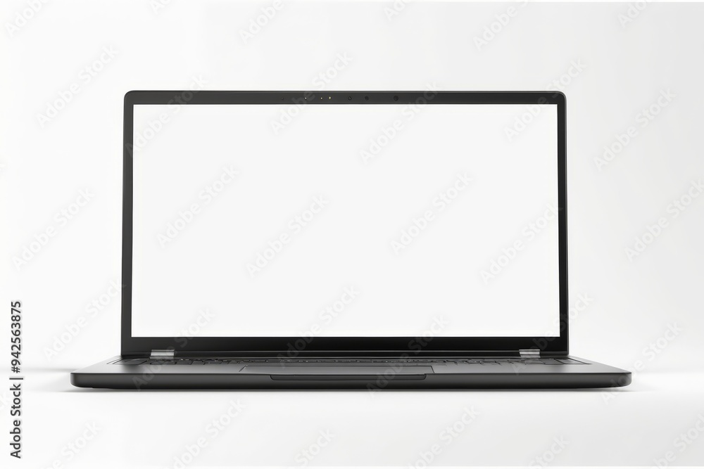 Poster a laptop with a blank screen on a white background, showcasing a silver and black portable device wi