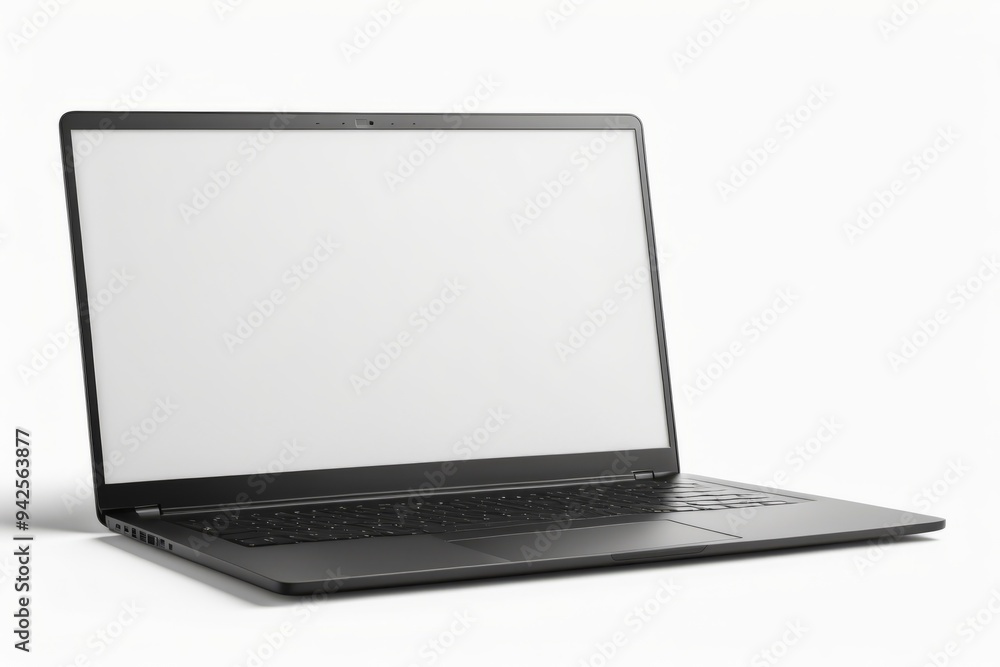 Poster a laptop with a blank screen on a white background, showcasing a silver and black portable device wi