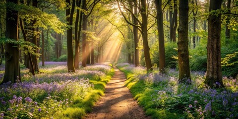Obraz premium Tranquil forest path with dappled sunlight, wildflowers, and serene atmosphere
