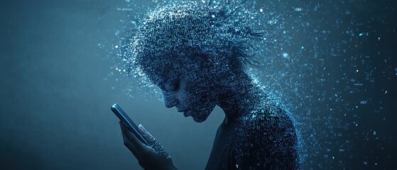 A person with a smartphone for a head, their body disintegrating into digital code