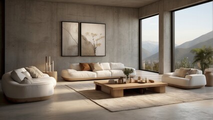 Modern living room with white sofas, wood coffee table, and mountain view