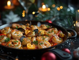 Rustic Mediterranean Paella with Fresh Ingredients and Herb Garnish