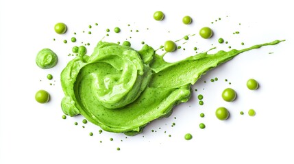 Green Pea Puree Splashes and Drops on White Background