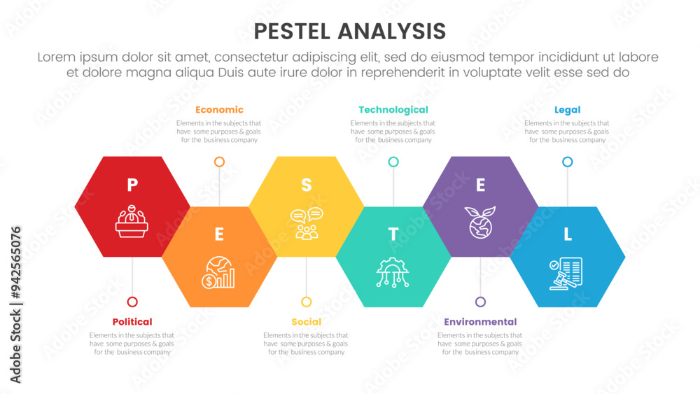 Poster pestel business analysis tool framework infographic with hexagon timeline up and down style 6 point 