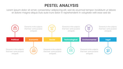 pestel business analysis tool framework infographic with timeline horizontal line outline circle up and down style 6 point stages concept for slide presentation