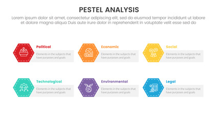 pestel business analysis tool framework infographic with hexagon edge and rectangle box style 6 point stages concept for slide presentation