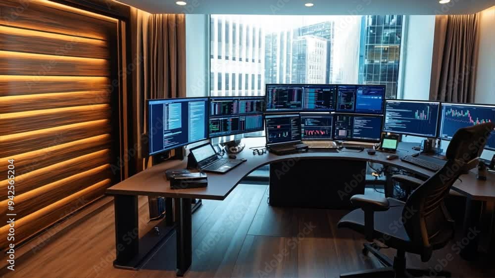 Poster Modern trading desk with multiple monitors displaying stock market data and charts in a high-rise office setting.
