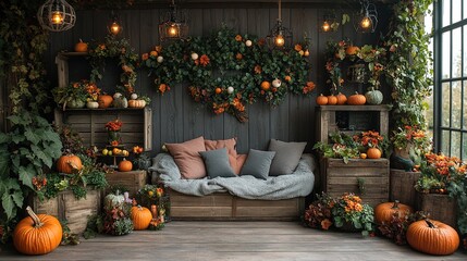 Autumn bedroom, living room interior. Red and yellow leaves and flowers in the vase and pumpkin on light background