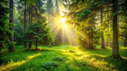 Obraz premium Sunlight creating a magical glow in a lush evergreen glade