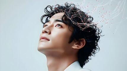 Man with glowing lines above his head looking up.