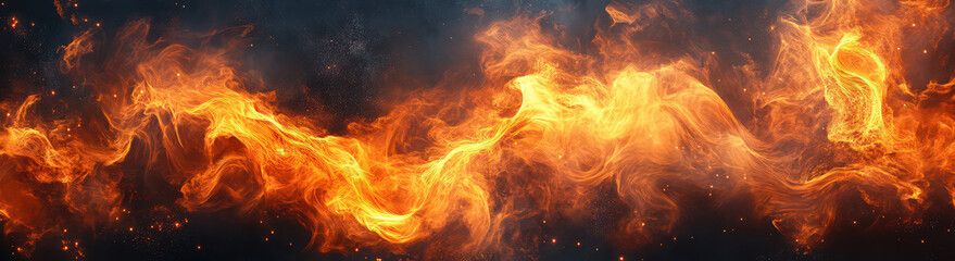Fototapeta premium Fiery texture on a black background, panoramic photograph.