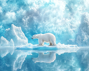 Polar bear standing on an ice floe in a majestic arctic landscape.