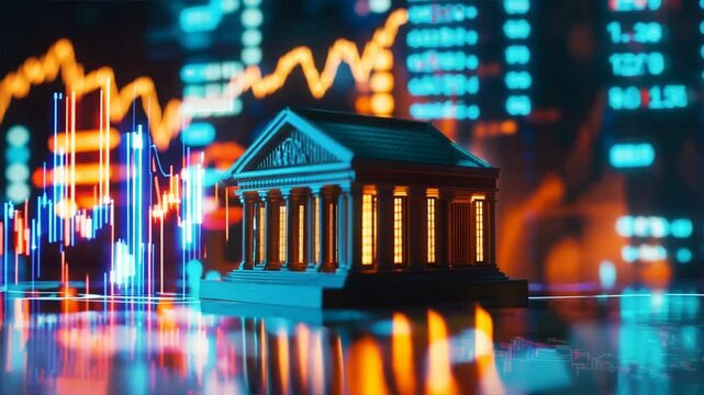 Financial graph in front of a classical building representing stock market fluctuations and economic trends in a vibrant background.