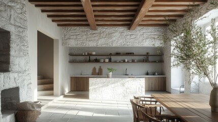 Charming Provence Kitchen Interior Featuring Wooden Ceiling and White Stone Textured Wall, Evoking Rustic Elegance and French Country Charm