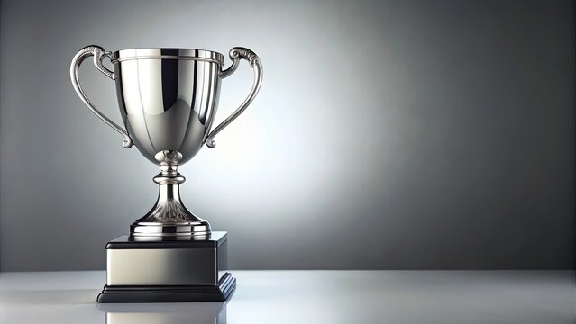Detailed silver trophy cup on a pedestal with space for engraving, symbolizing victory and achievement in competition