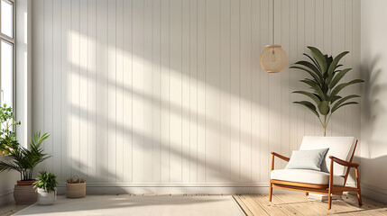 A white armchair with a light blue cushion sits in a bright living room with a large window and wood floors.