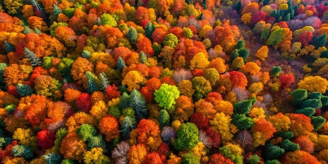 A mesmerizing aerial shot of a vibrant autumn forest showcasing hues of orange, yellow, and red