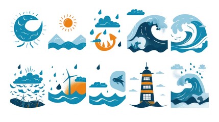 Naklejka premium Colorful Hand Drawn Ocean Icons.