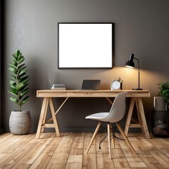 Fototapeta premium Minimalist Home Office with Wooden Desk and White Chair