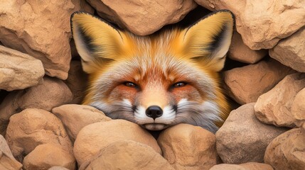 Obraz premium A fox camouflaged in a rocky landscape, fur blending with the stones, only its cunning eyes visible, muted earth tones, natural and mysterious