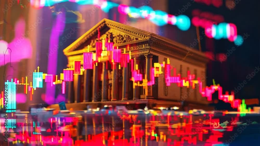 Poster financial graph in front of a classical building representing stock market fluctuations and economic