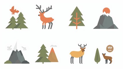 Obraz premium Flat design icons set of forest, mountains and deers.