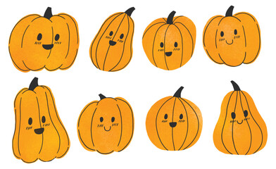 Cute Kawaii Pumpkin Doodle Set | Hand-Drawn Smiling Pumpkins for Halloween, Fall, and Harvest Themed Designs