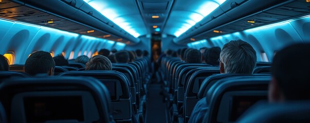 Interior of an airplane with illuminated cabin, showcasing passengers seated in a modern aircraft during nighttime travel.