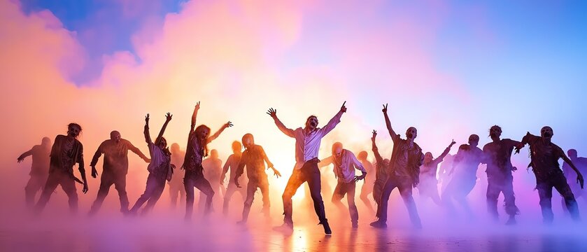 A dance floor full of zombies doing the Thriller dance in sync, under strobe lights and fog machines zombie halloween party concept.