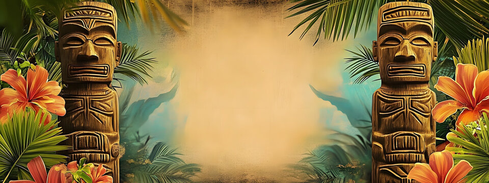 Luau Personalize, Fill in the Blank, Tiki design Template Illustration and backgrounds for party and celebration printed invitations, posters, flyers, tropical, flowers, Hawaii, paradise, vacation